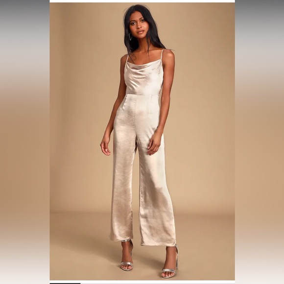 Perfect Night Champagne Satin Cowl Neck Culotte Jumpsuit‎ LUSH - Picture 3 of 6